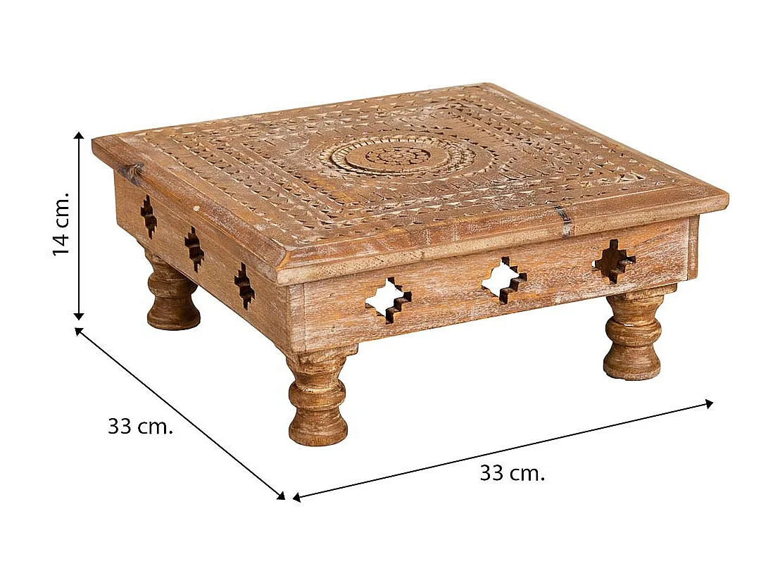 Mesa centro de madera tallada acabado artesanal 33x33x14