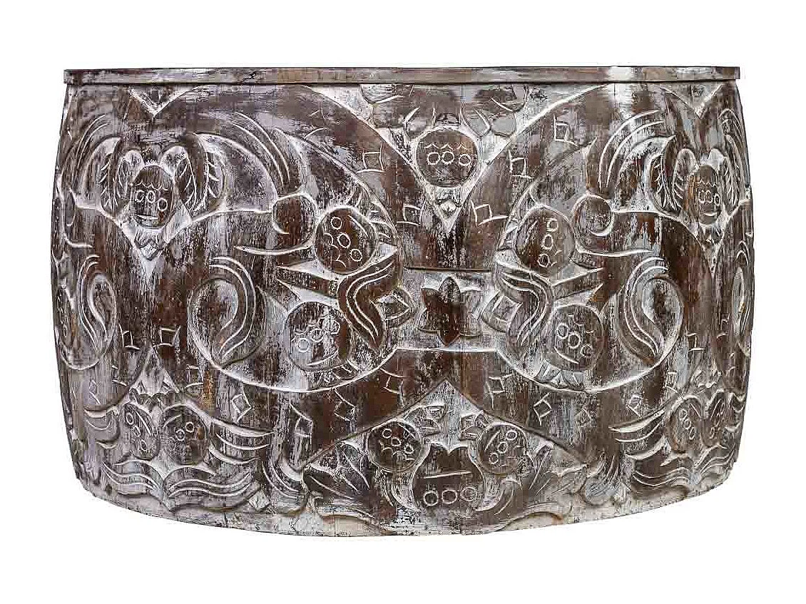 Table basse ronde en bois sculpté finition artisanale marron 76x76x45