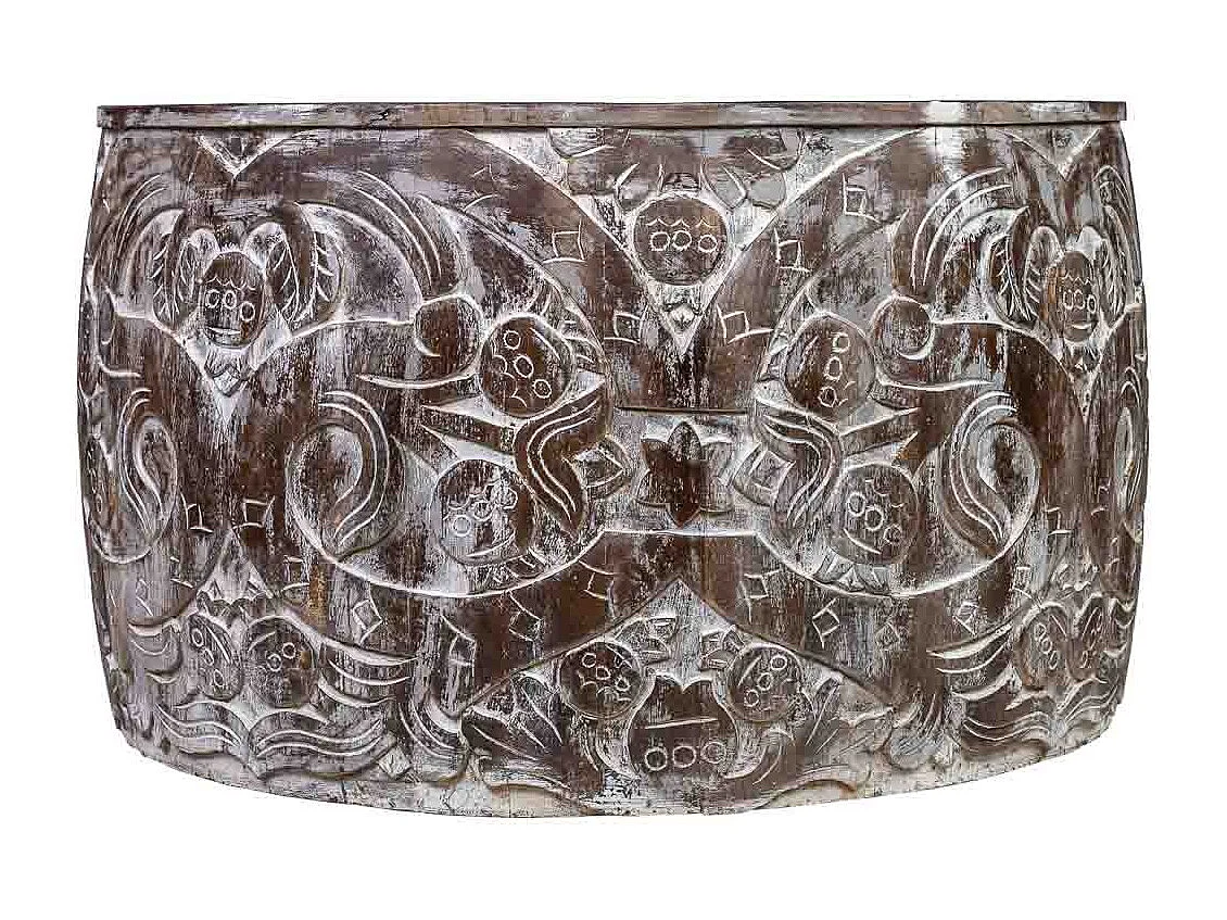 Mesa de centro redonda em madeira trabalhada com acabamento artesanal castanho 76x76x45