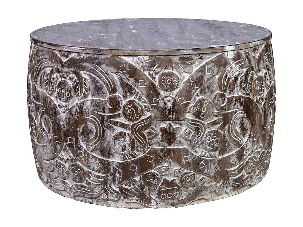 Mesa de centro redonda em madeira trabalhada com acabamento artesanal castanho 76x76x45