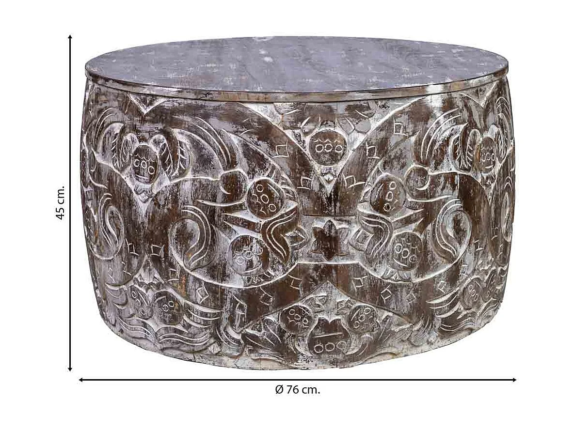 Mesa de centro redonda em madeira trabalhada com acabamento artesanal castanho 76x76x45