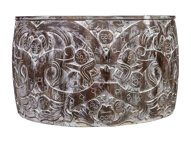 Mesa de centro redonda em madeira trabalhada com acabamento artesanal castanho 76x76x45