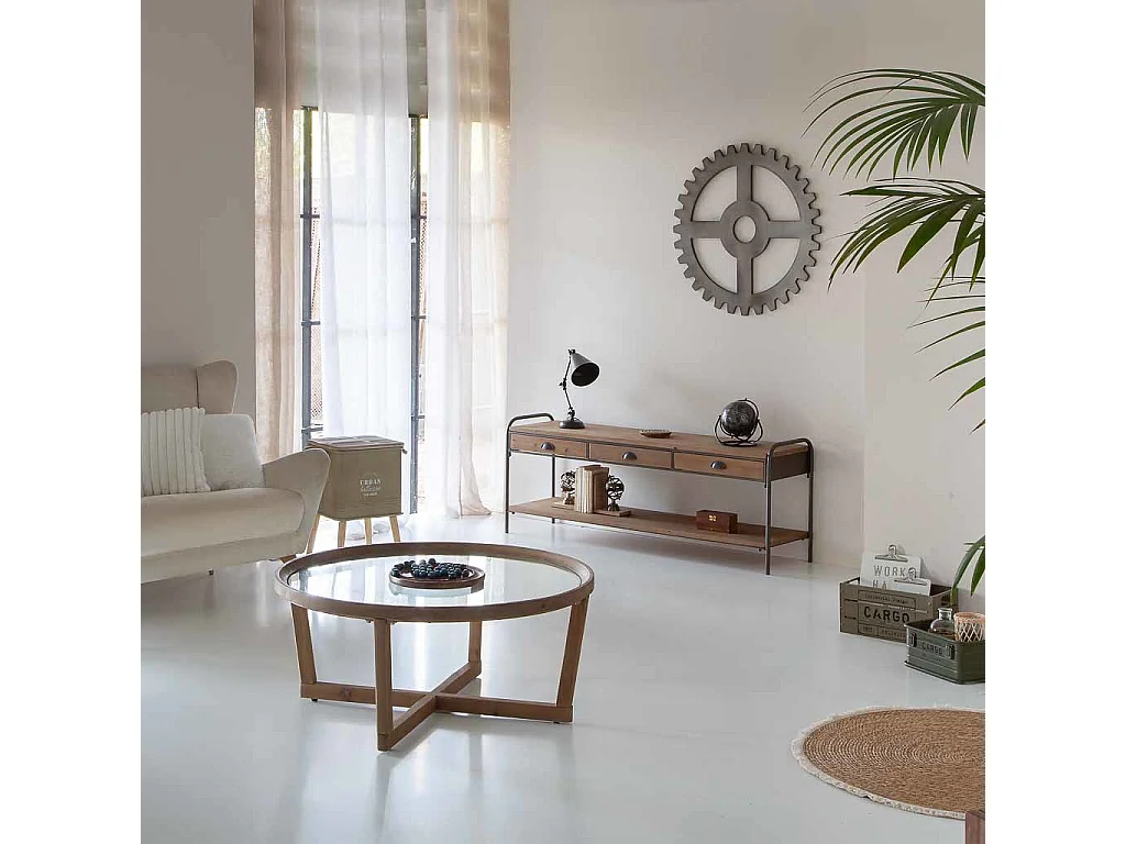 Mesa de centro de madeira e vidro marrom D100x43,5