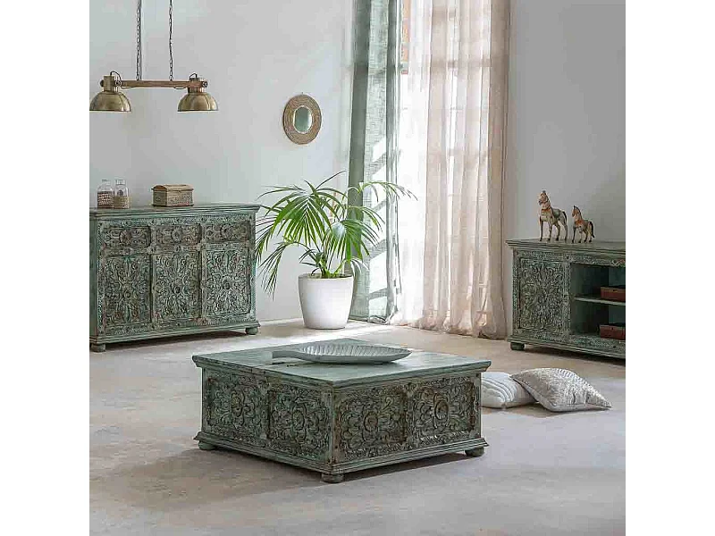 Mesa baul de centro de madera artesanal azul 100x100x47