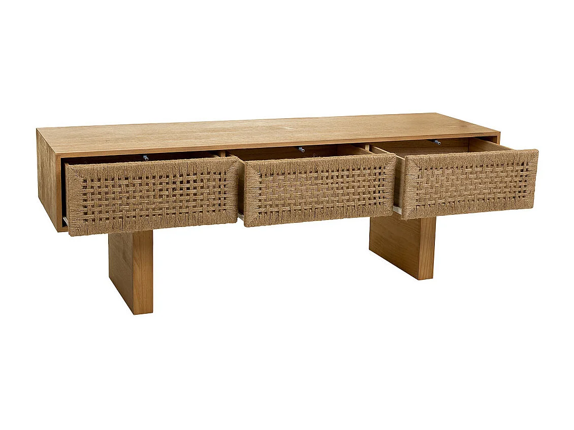 Armário baixo feito de madeira e corda trançada marrom 130x36x45