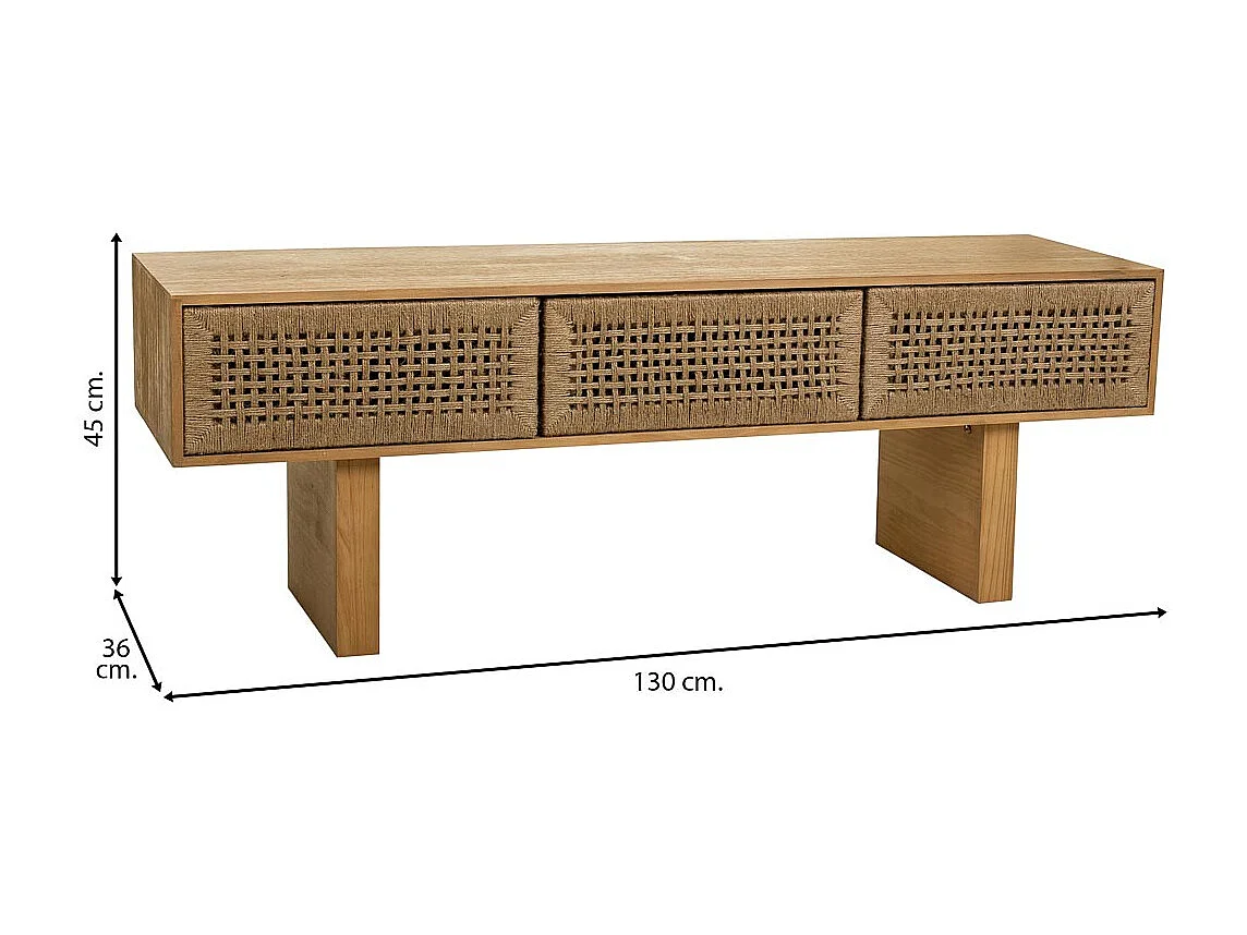 Armário baixo feito de madeira e corda trançada marrom 130x36x45