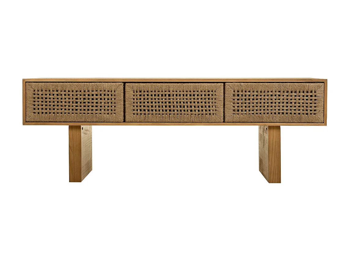 Armário baixo feito de madeira e corda trançada marrom 130x36x45