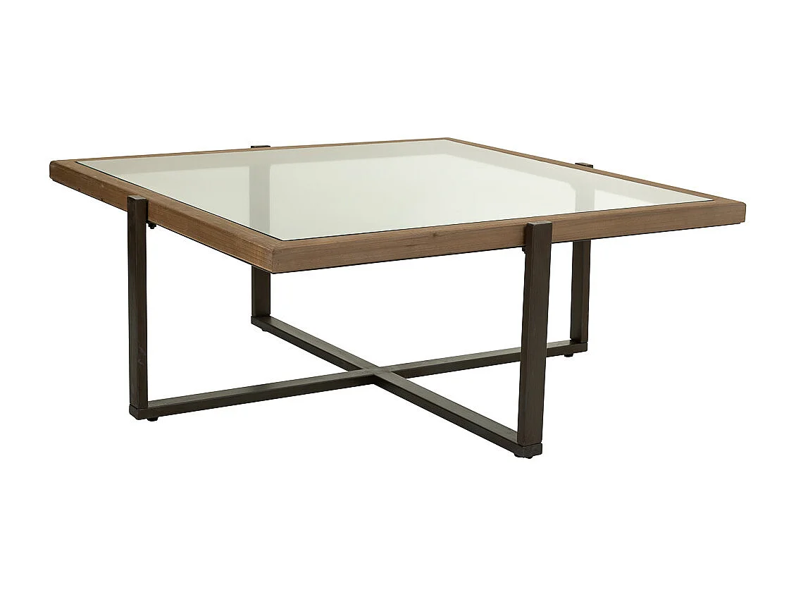 Mesa de centro de madeira, metal e vidro marrom 99,5x99,5x40