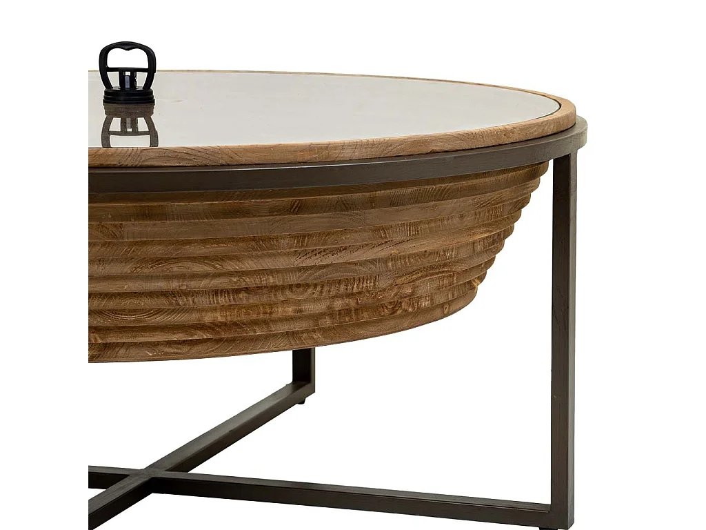 Couchtisch aus Holz, Metall und braunem Glas D102x46