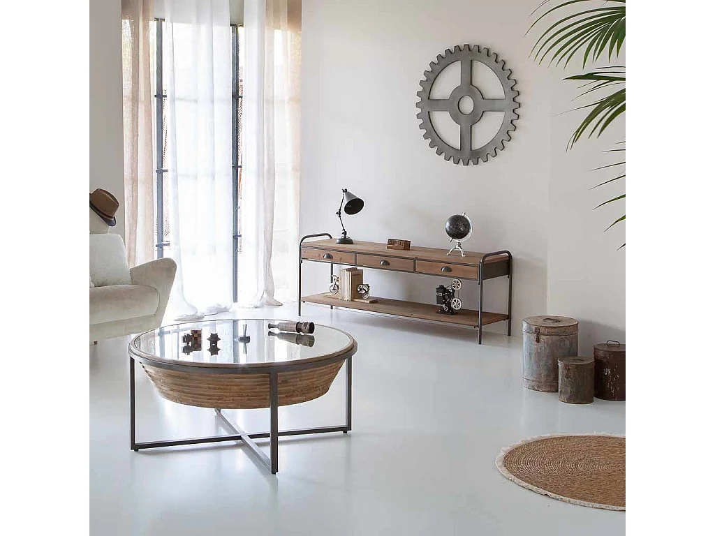 Mesa de centro de madera, metal y cristal marron D102x46