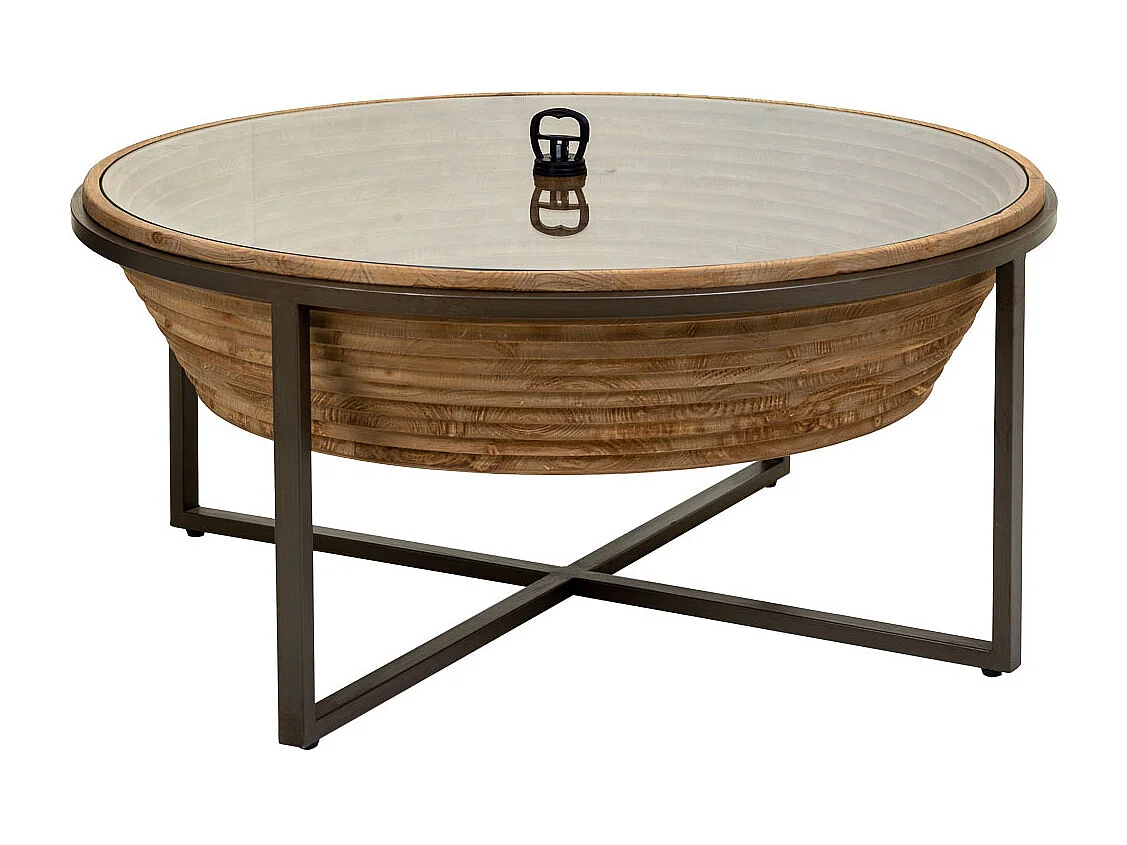 Couchtisch aus Holz, Metall und braunem Glas D102x46