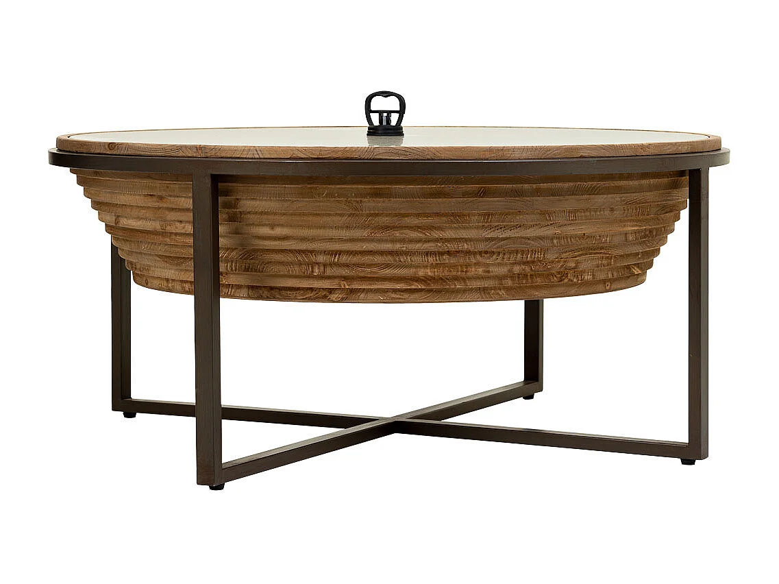 Couchtisch aus Holz, Metall und braunem Glas D102x46
