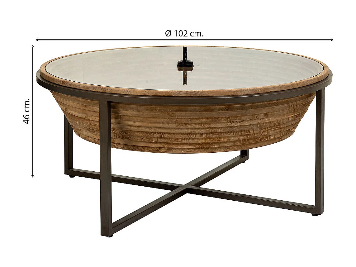 Couchtisch aus Holz, Metall und braunem Glas D102x46