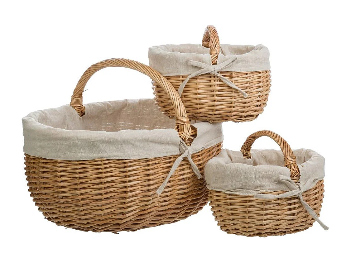 Set 3 cestas de mimbre marrón forradas