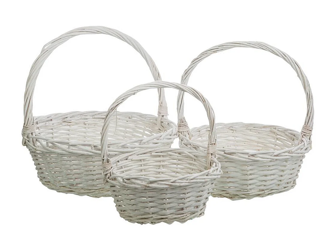 Set di 3 cestini in vimini bianchi foderati