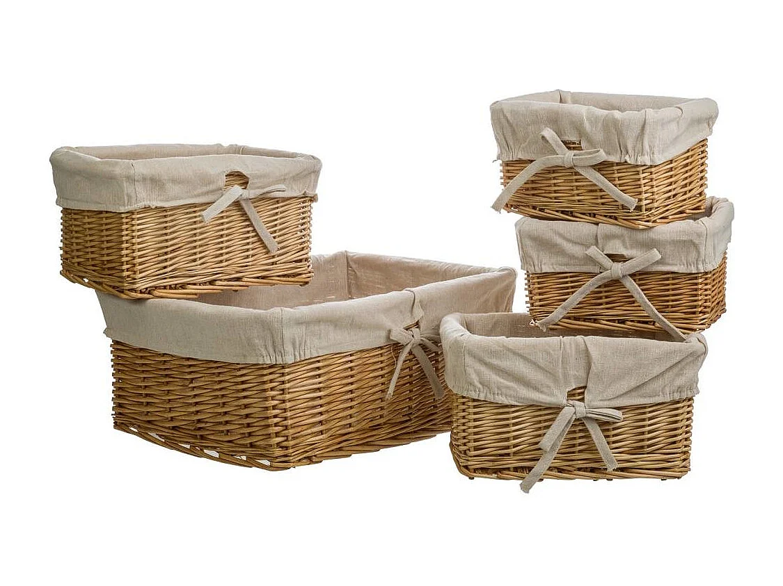 Set di 5 cestini in vimini foderati