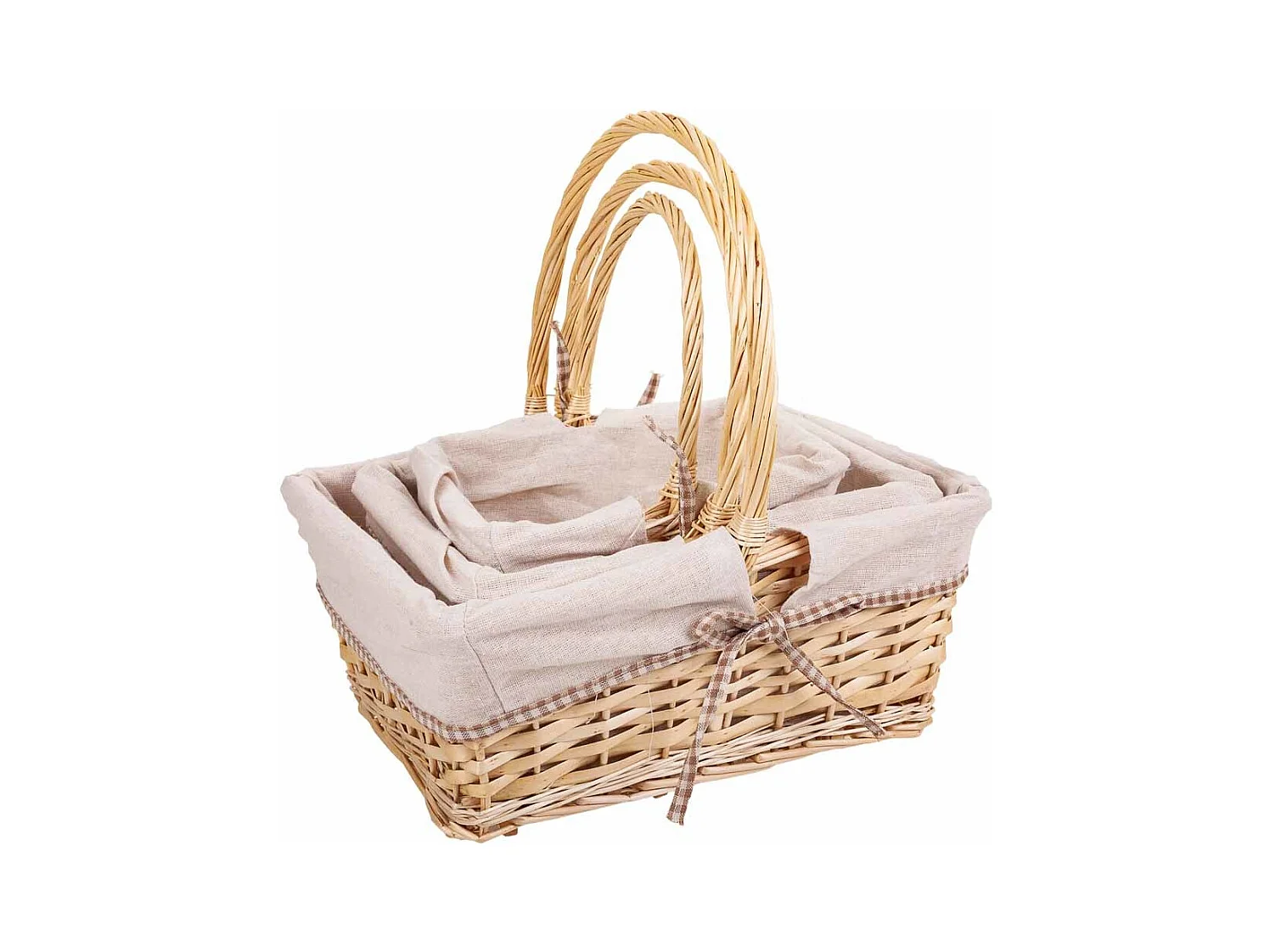 Conjunto de 3 cestos de vime forrados em branco