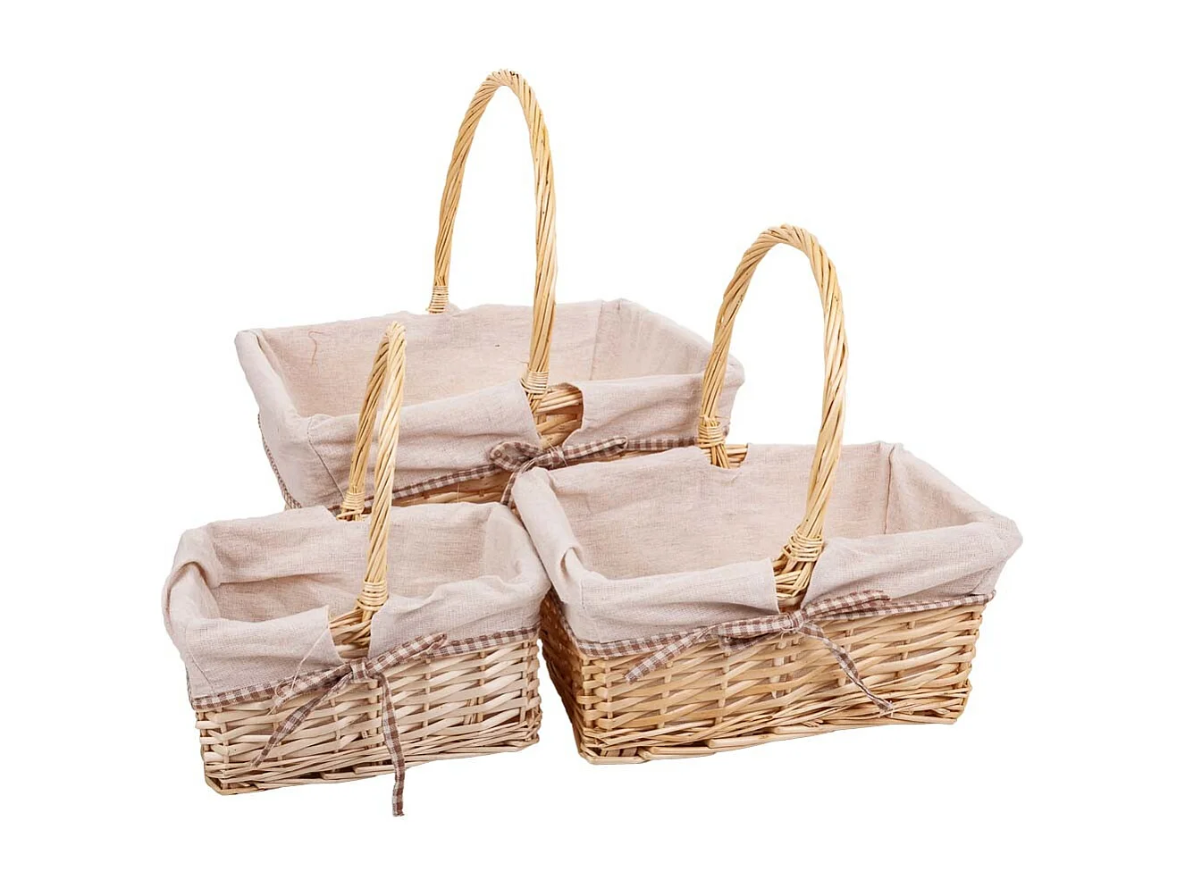 Set di 3 cestini in vimini foderati di bianco