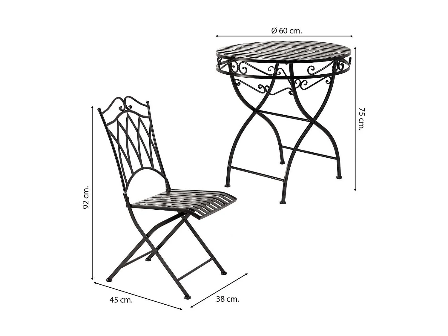 Ensemble table et 2 chaises en fer forgé noires