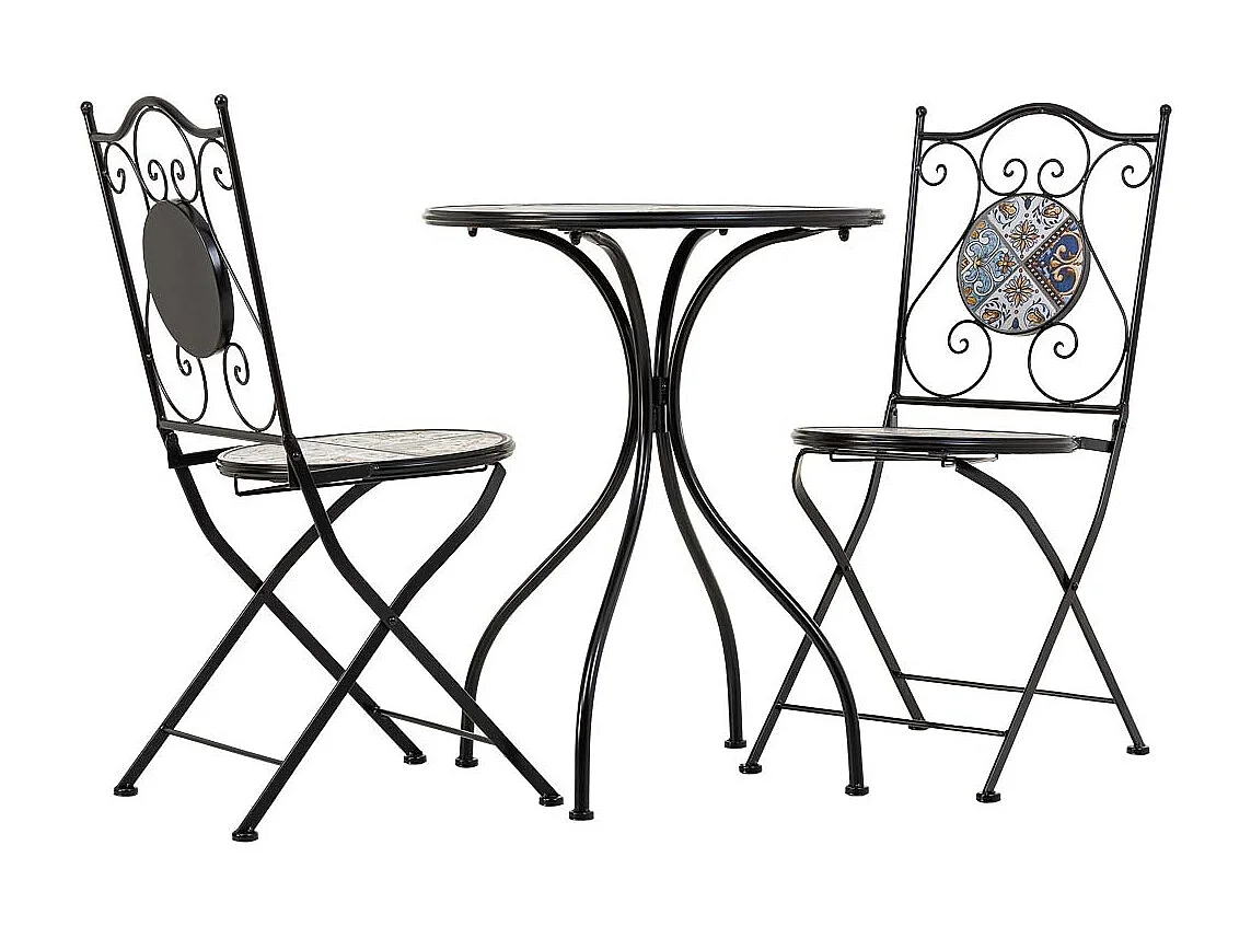 Conjunto de mesa e duas cadeiras em mosaico preto e ferro forjado