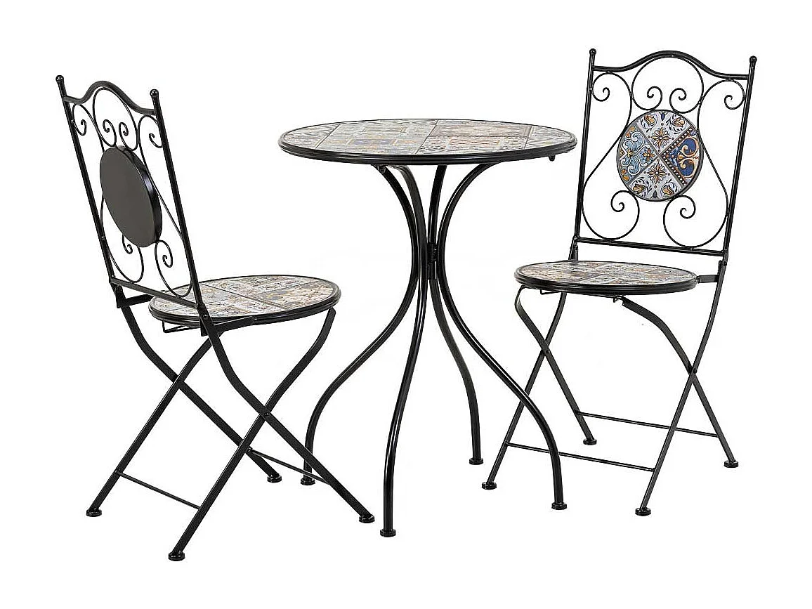 Conjunto de mesa e duas cadeiras em mosaico preto e ferro forjado