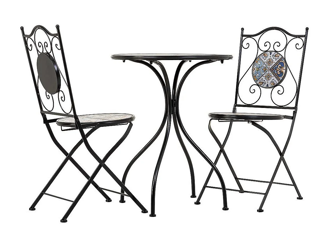 Conjunto de mesa e duas cadeiras em mosaico preto e ferro forjado
