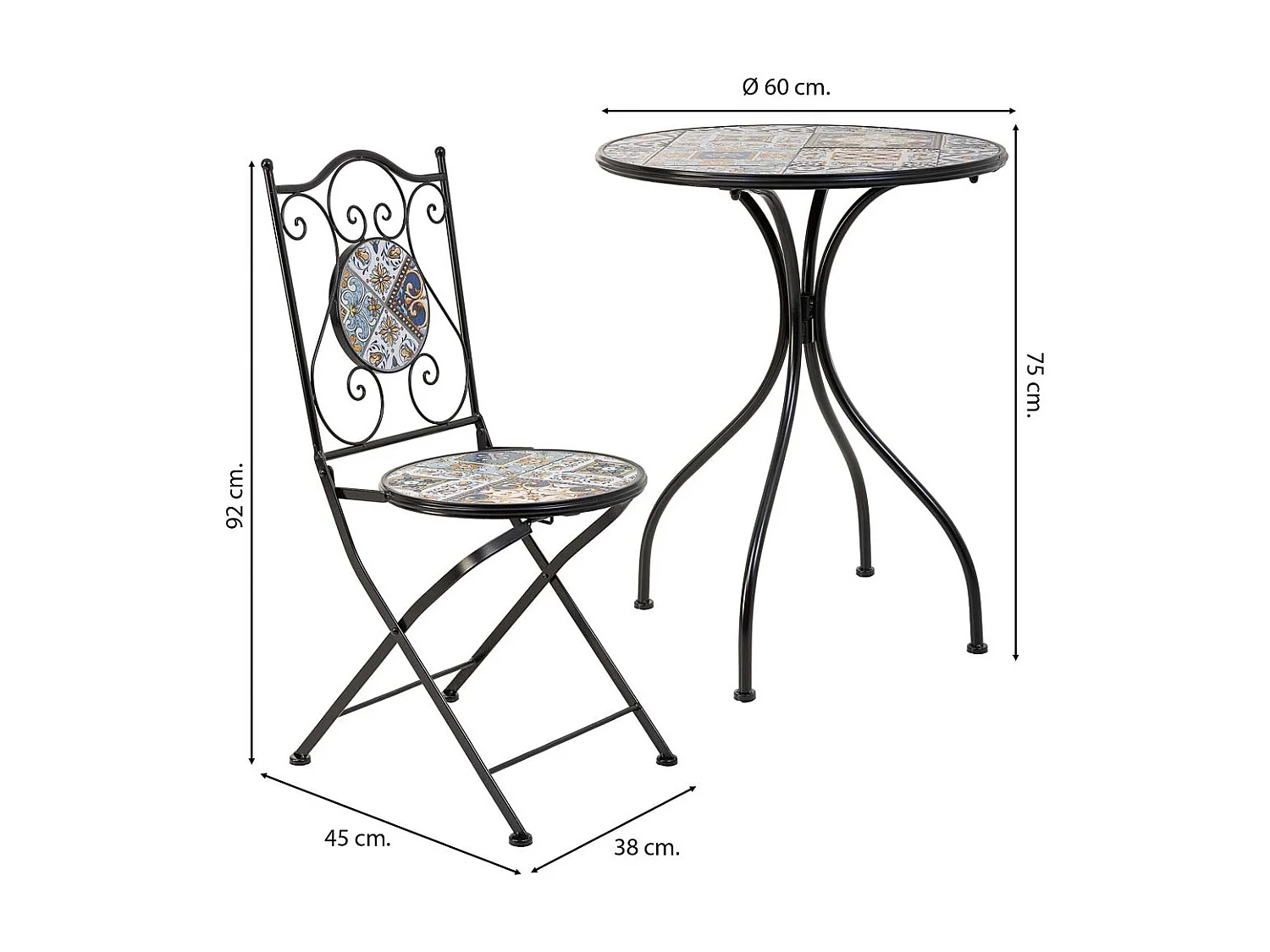 Conjunto de mesa e duas cadeiras em mosaico preto e ferro forjado