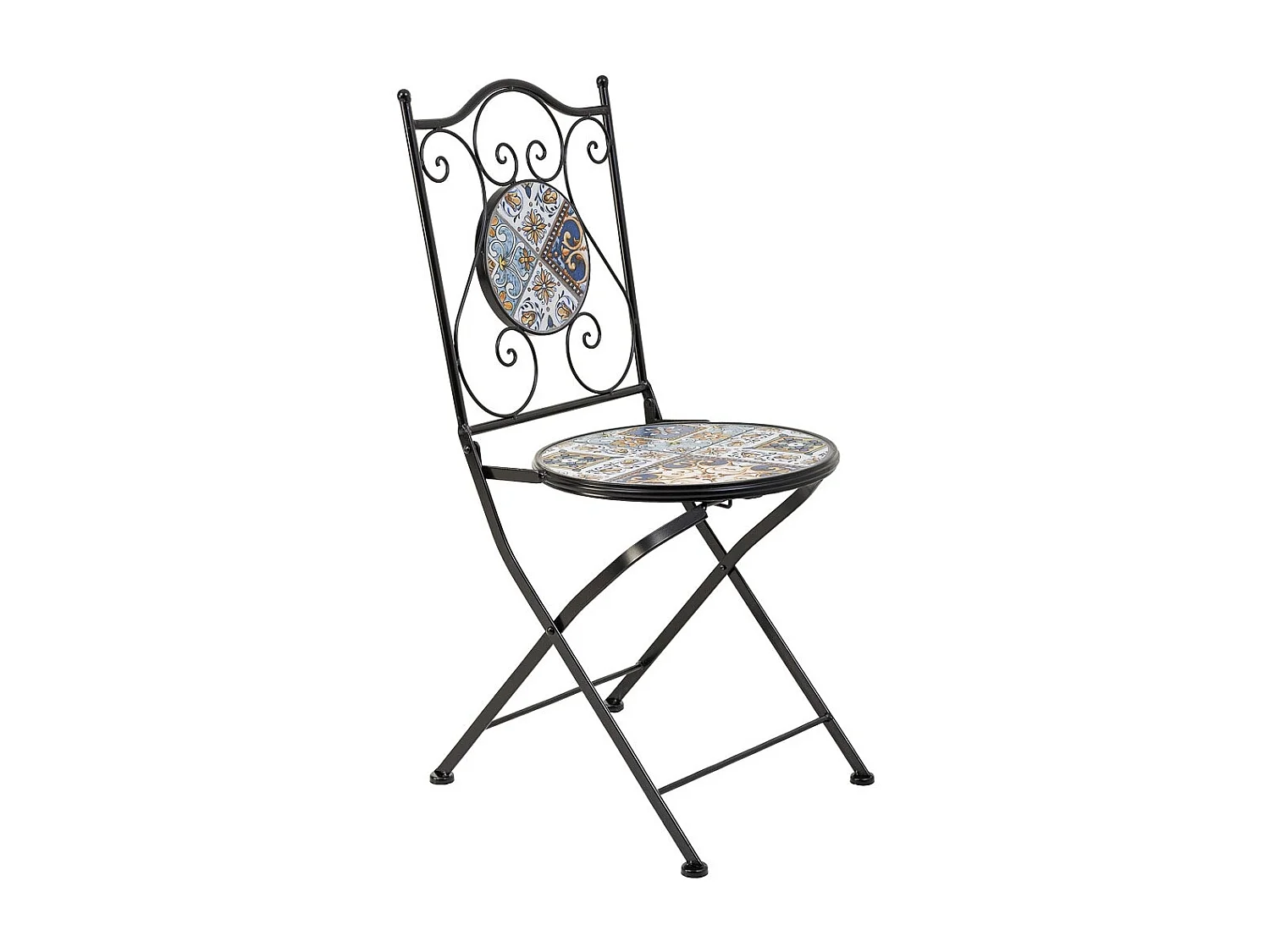 Conjunto de mesa e duas cadeiras em mosaico preto e ferro forjado