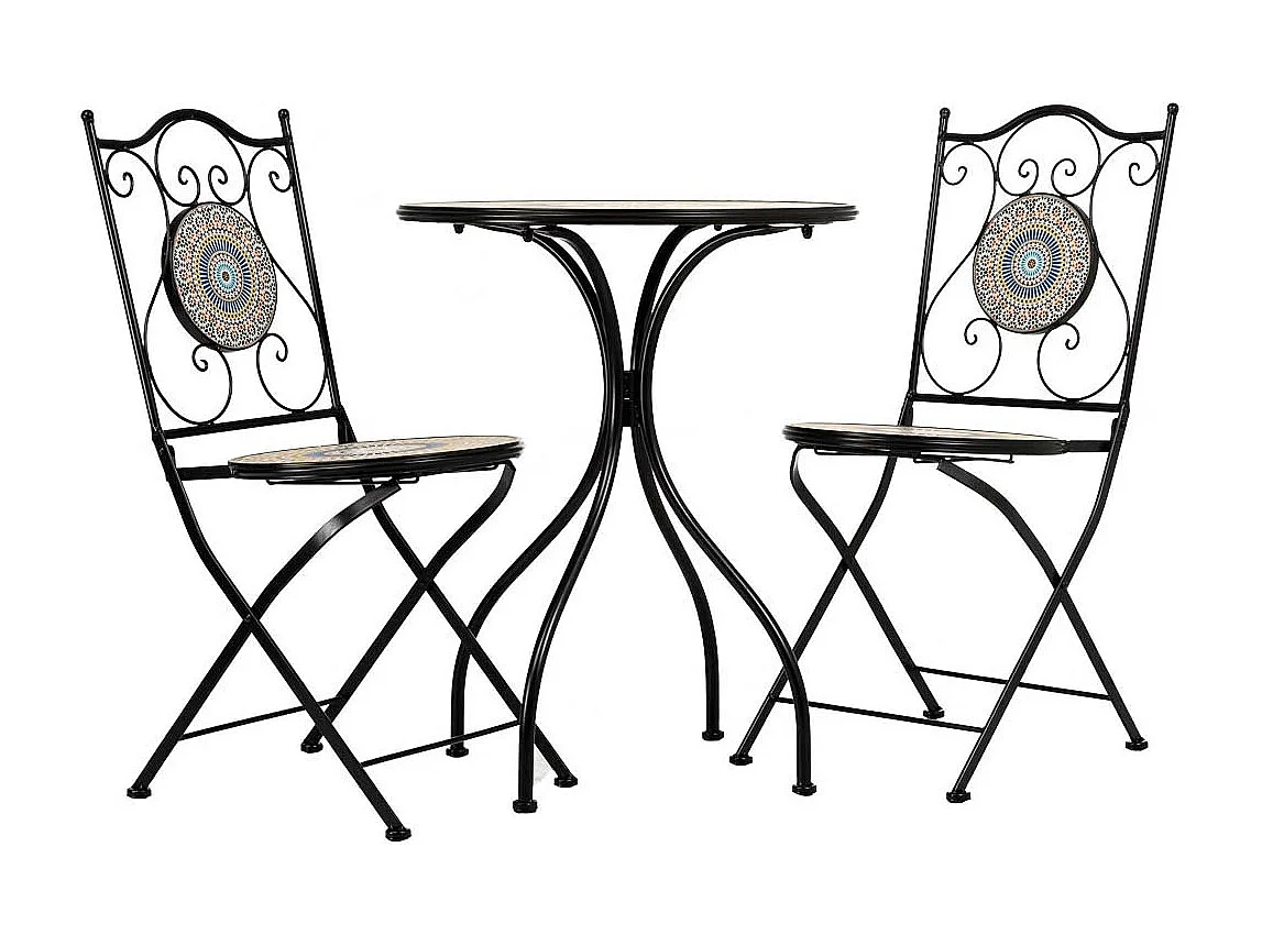 Conjunto mesa y dos sillas de mosaico y forja negras