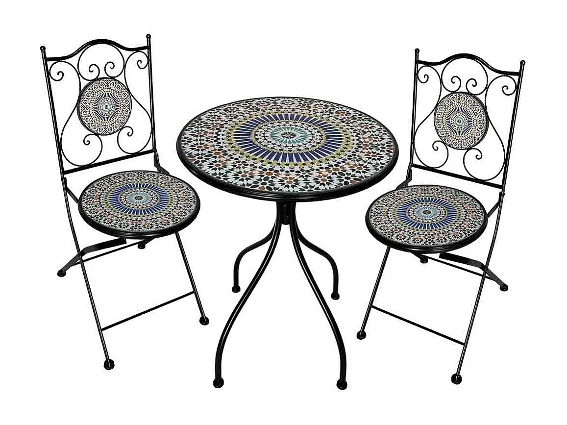Conjunto mesa y dos sillas de mosaico y forja negras