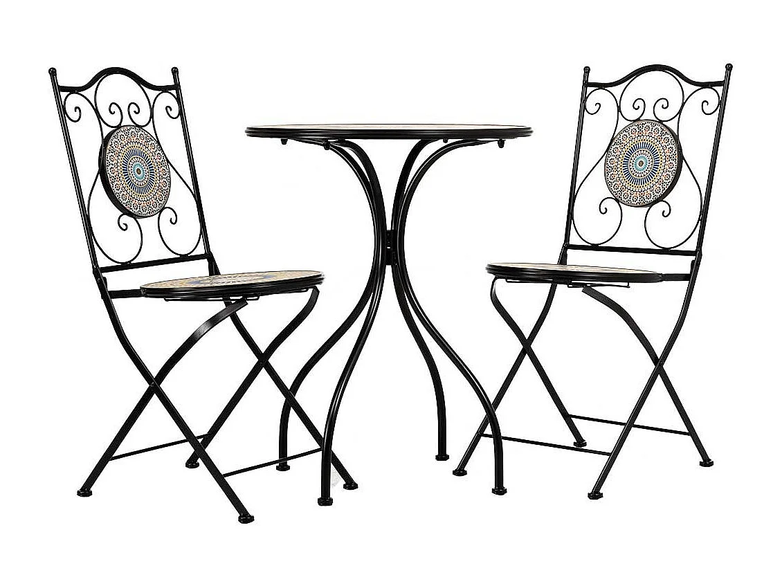 Conjunto mesa y dos sillas de mosaico y forja negras