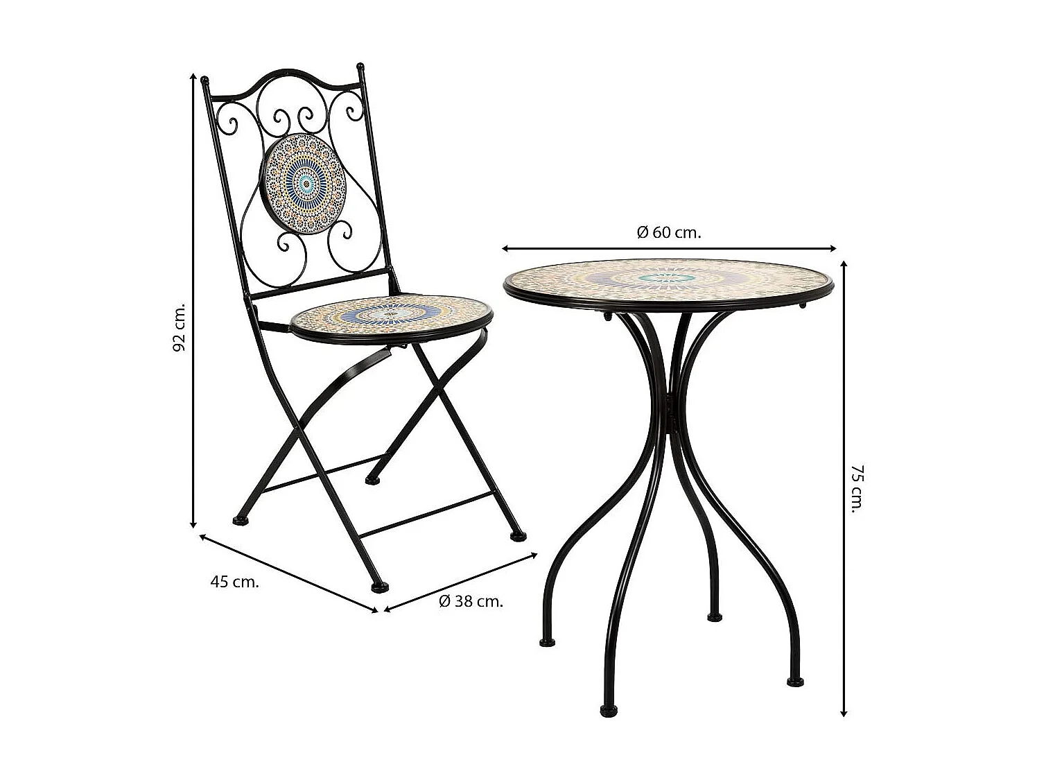 Conjunto mesa y dos sillas de mosaico y forja negras
