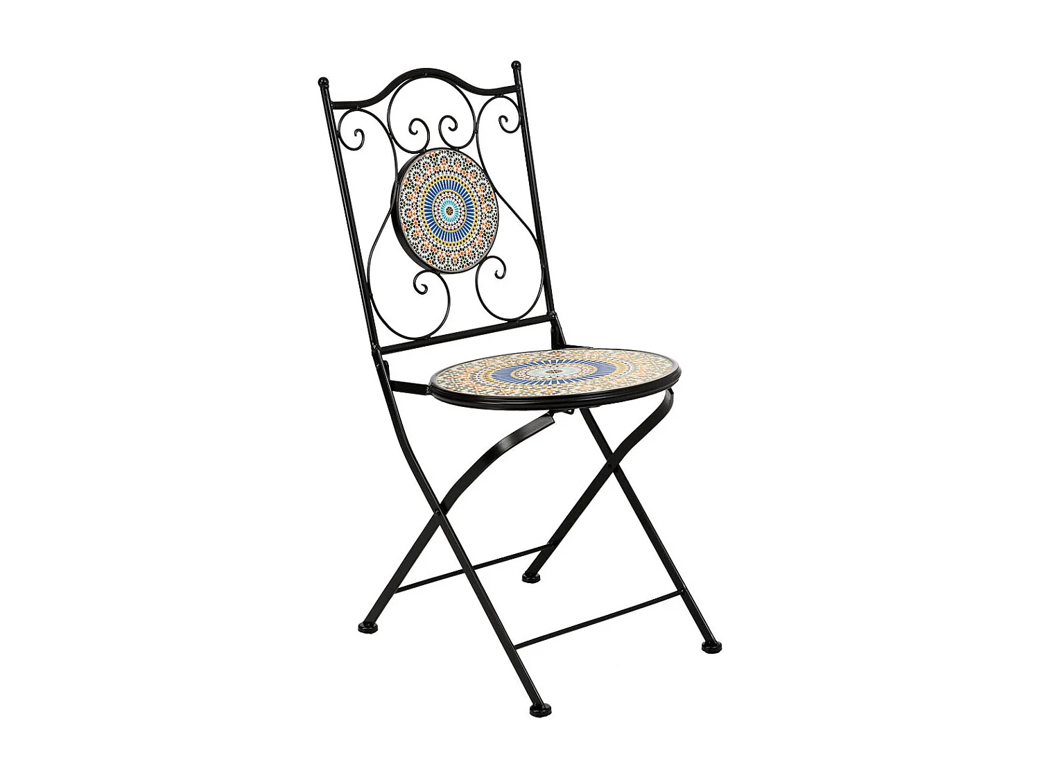 Conjunto mesa y dos sillas de mosaico y forja negras