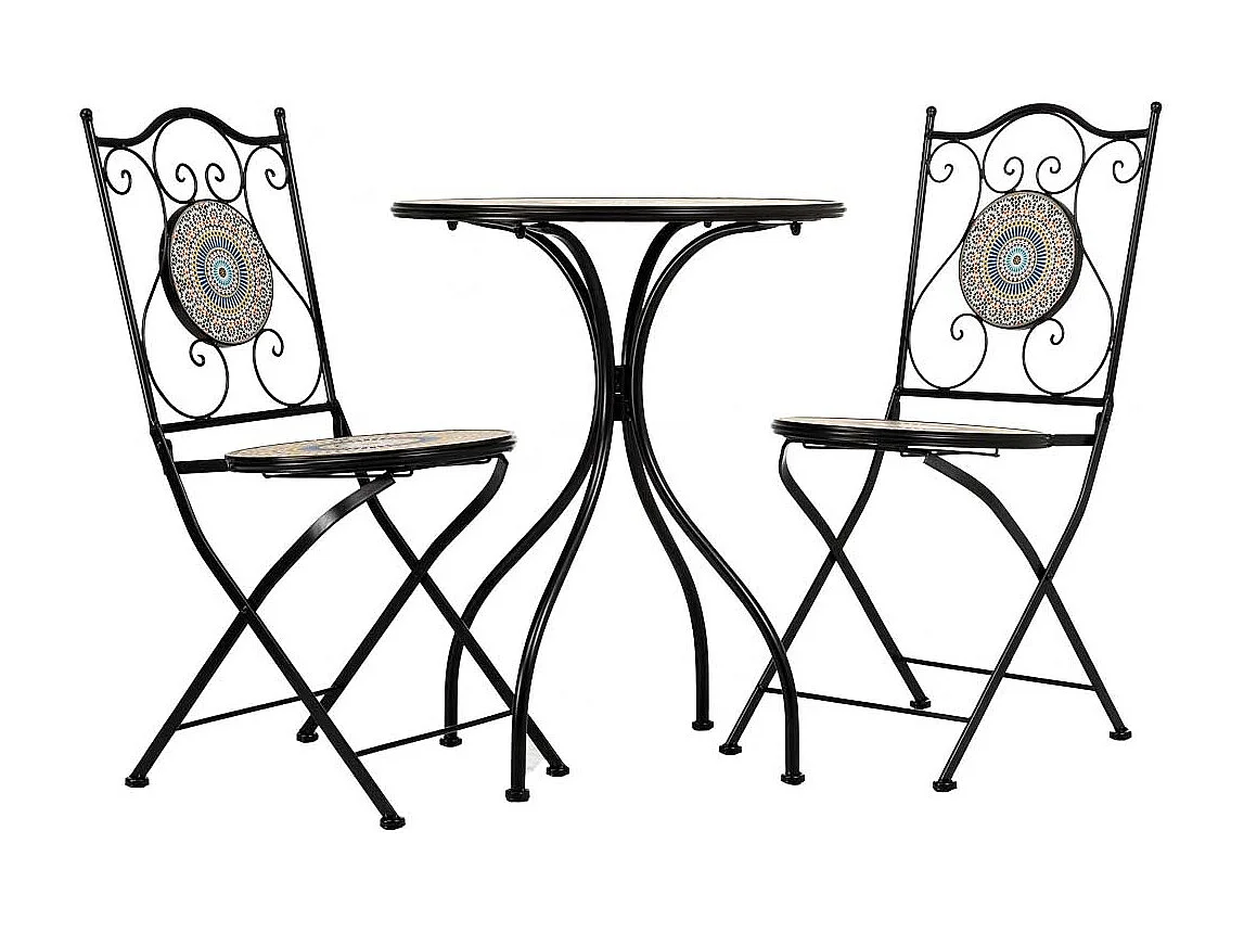 Ensemble table et deux chaises en mosaïque et fer forgé Orange