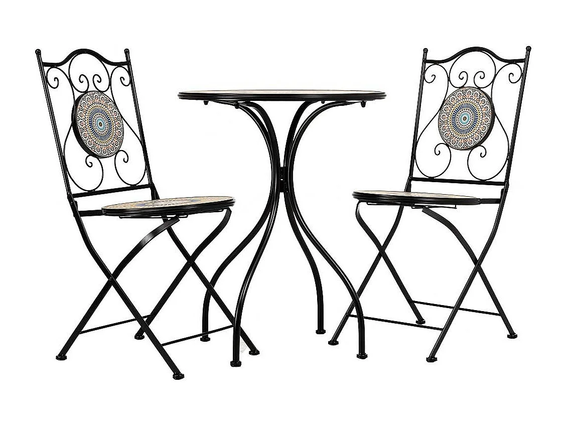 Ensemble table et deux chaises en mosaïque et fer forgé Orange