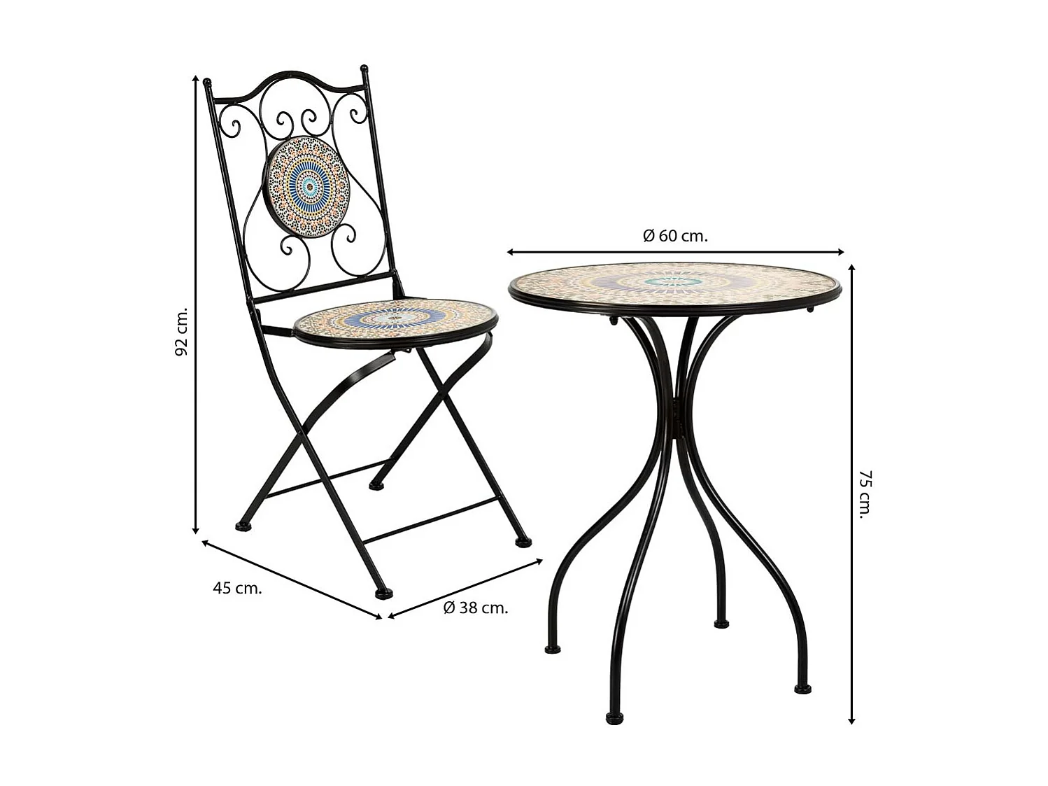 Ensemble table et deux chaises en mosaïque et fer forgé Orange