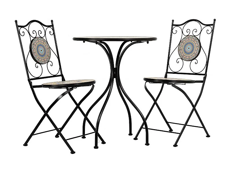 Conjunto de mesa e duas cadeiras em mosaico preto e ferro forjado
