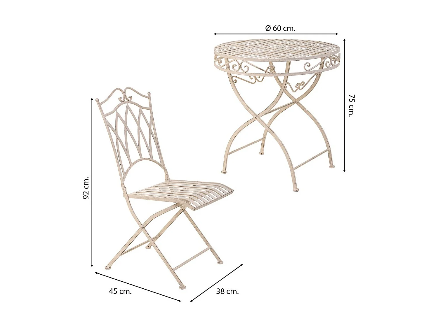 Ensemble table et 2 chaises en fer forgé blanches