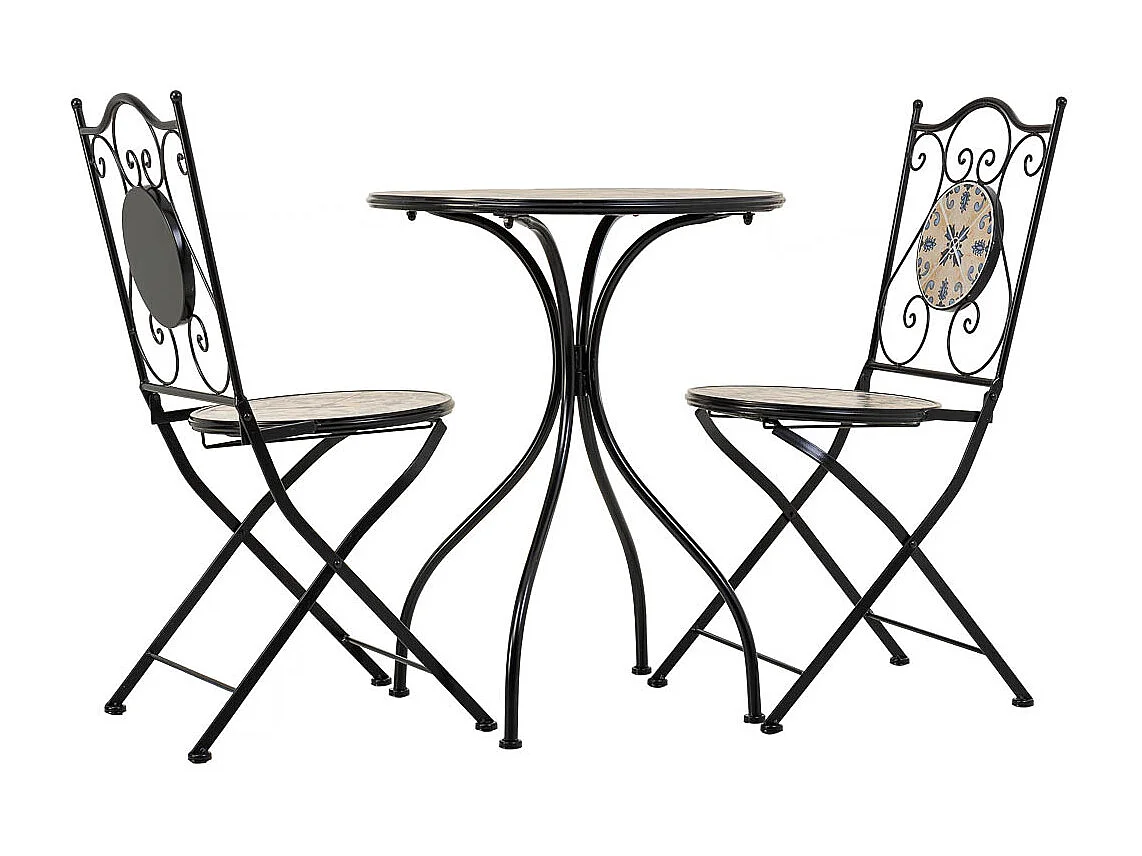 Conjunto de mesa e duas cadeiras em mosaico preto e ferro forjado