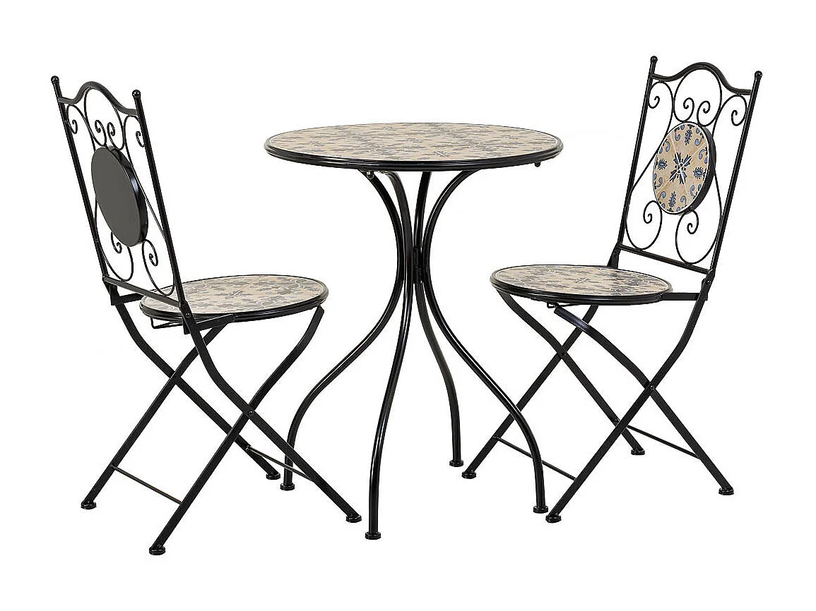 Conjunto de mesa e duas cadeiras em mosaico preto e ferro forjado