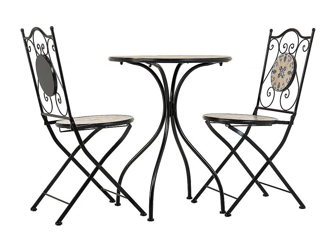 Conjunto de mesa e duas cadeiras em mosaico preto e ferro forjado