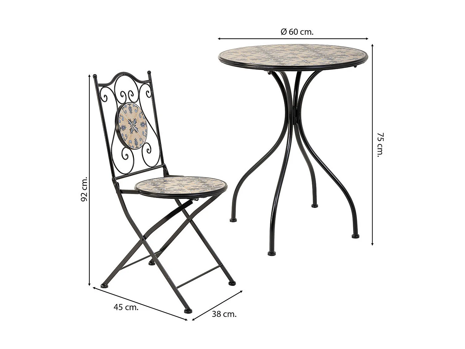 Conjunto de mesa e duas cadeiras em mosaico preto e ferro forjado