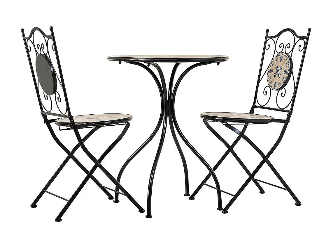 Ensemble table et deux chaises en mosaïque et fer forgé Bleu