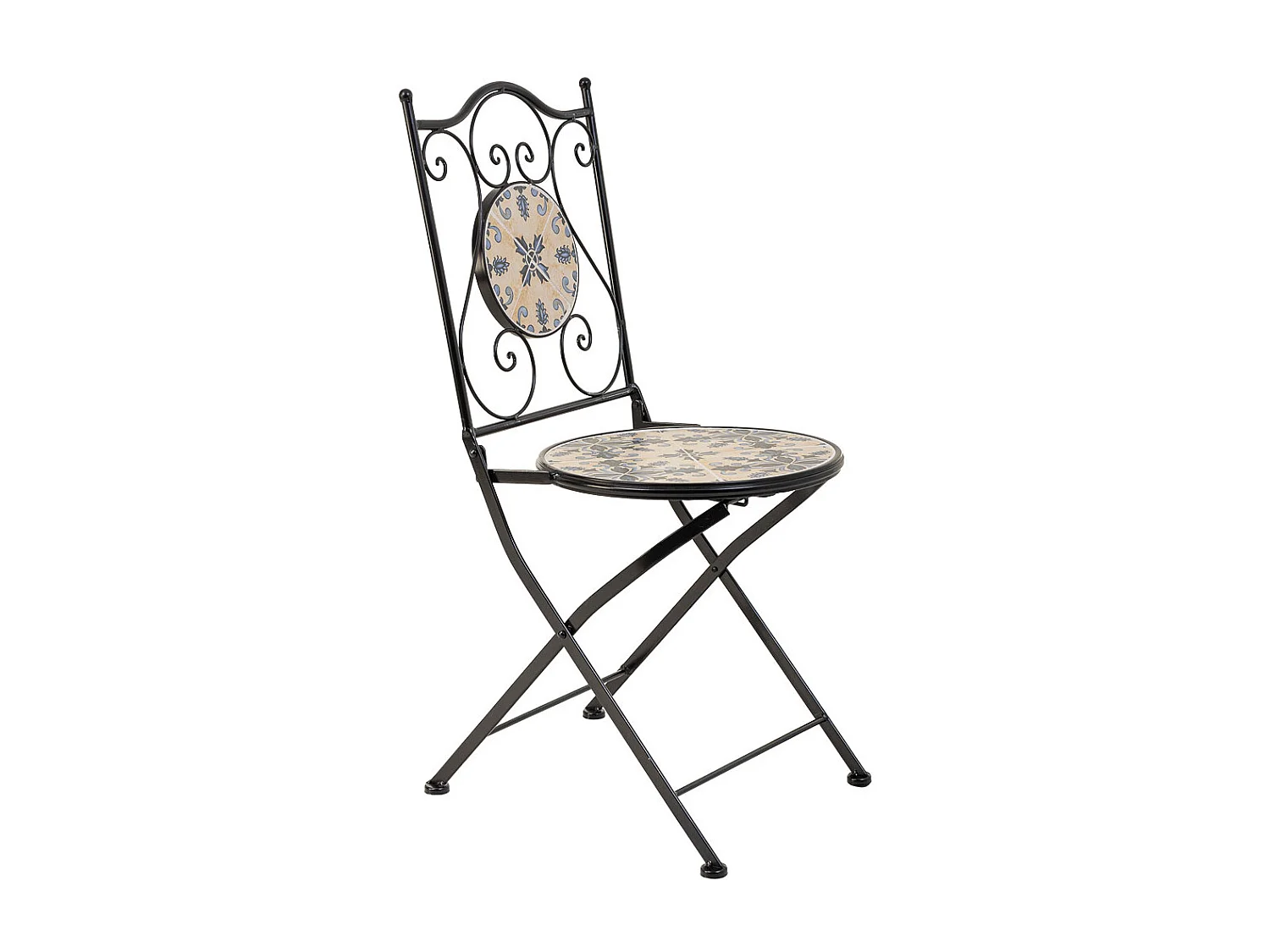 Ensemble table et deux chaises en mosaïque et fer forgé Bleu