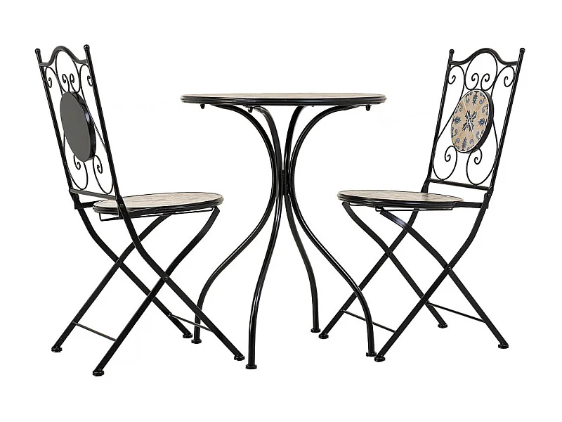 Conjunto de mesa e duas cadeiras em mosaico preto e ferro forjado