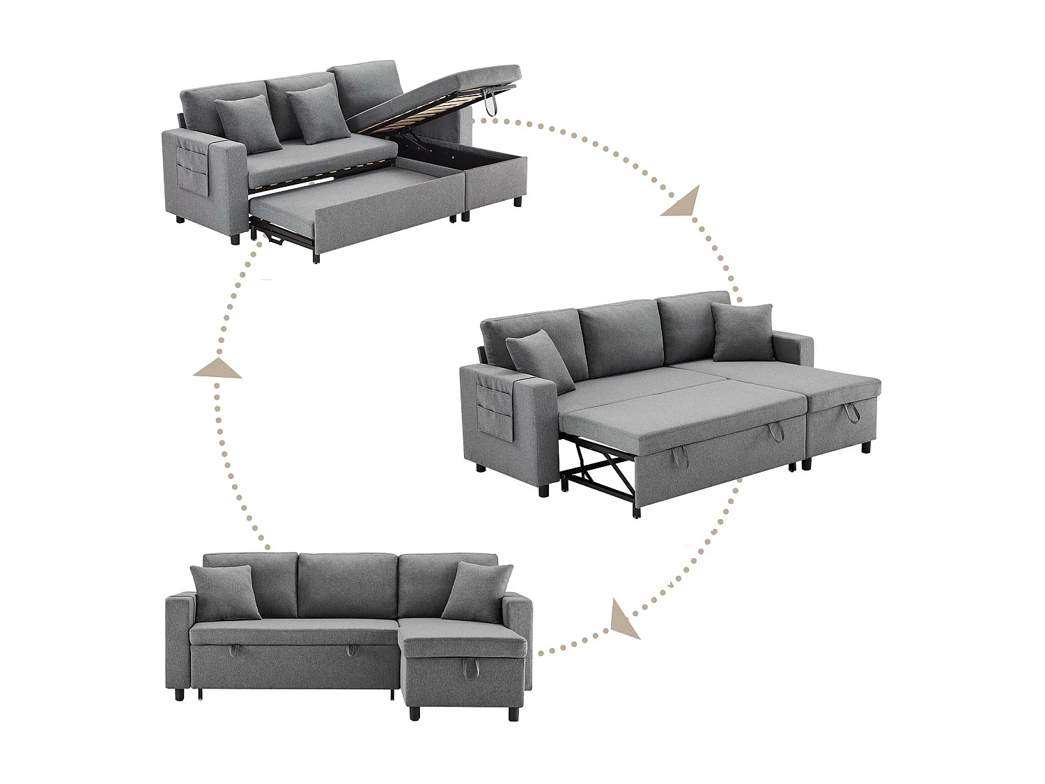 Canapé d'angle convertible 3 places - en tissu lin - avec porte-gobelet de poche - Gris