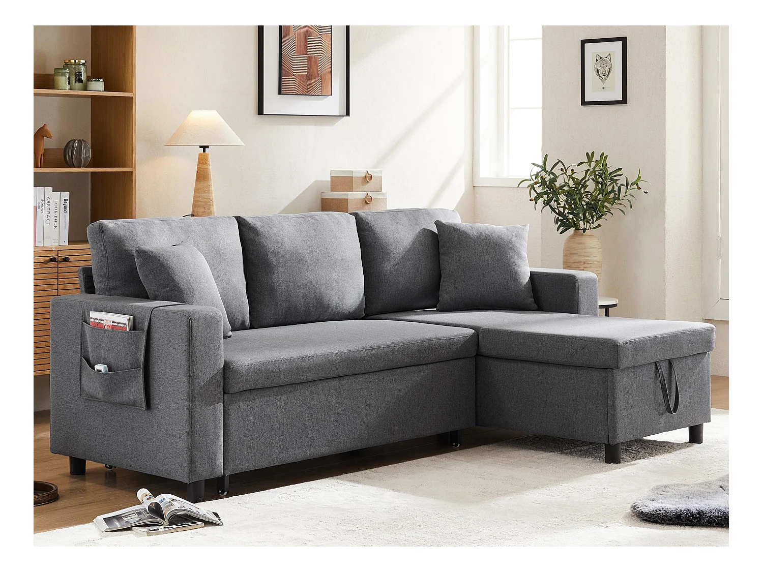 Canapé d'angle convertible 3 places - en tissu lin - avec porte-gobelet de poche - Gris