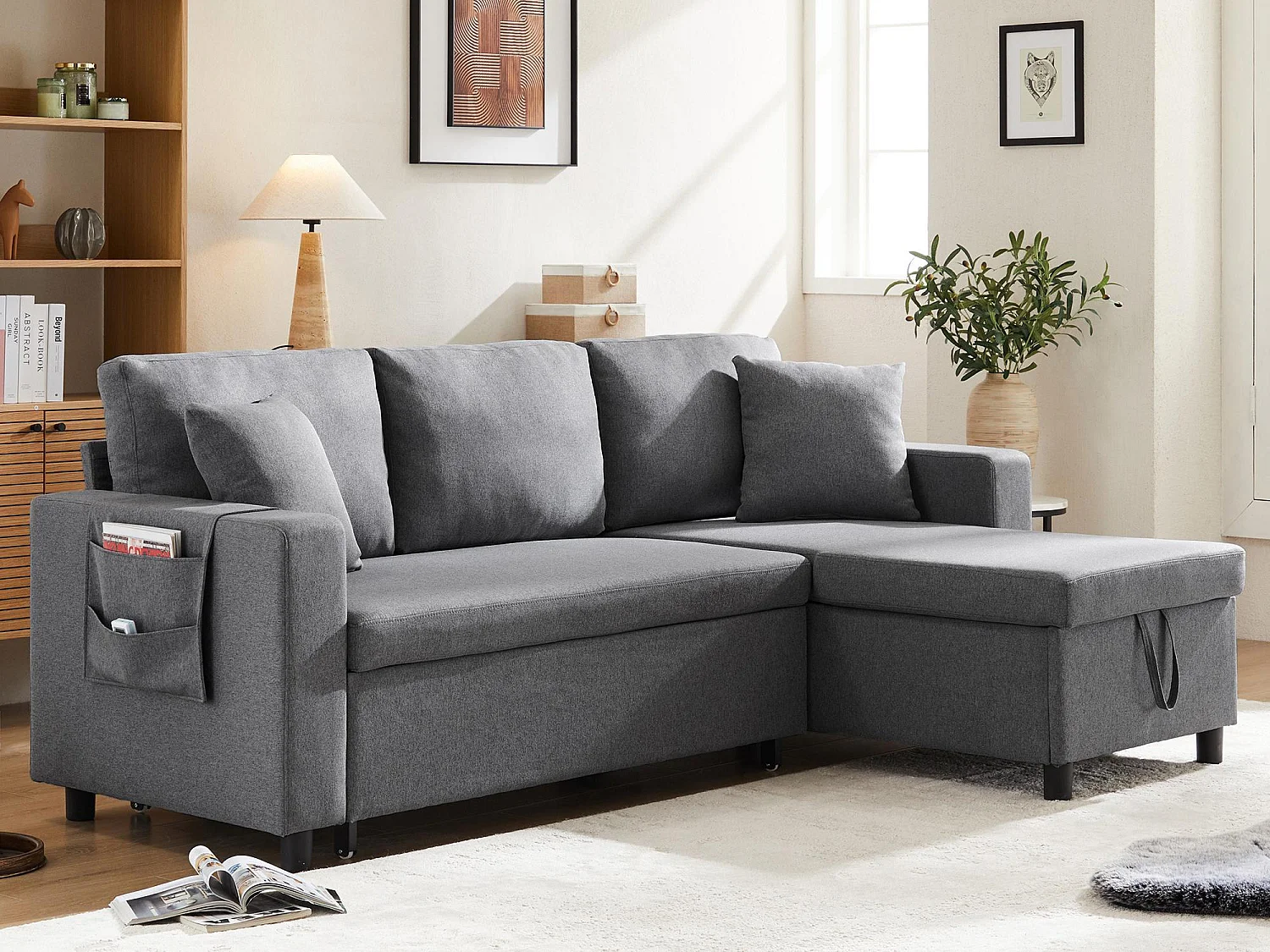 3-Sitzer-Ecksofa, umwandelbar, aus Leinenstoff, mit Getränkehalter in der Tasche, Grau