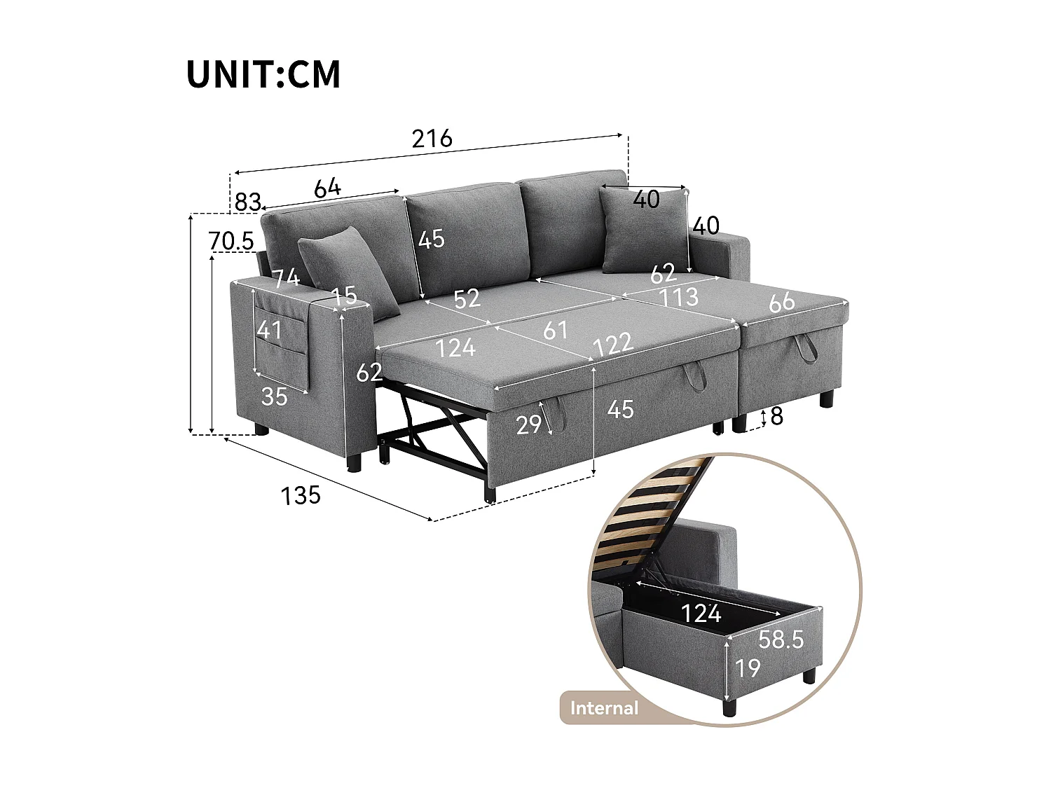 3-Sitzer-Ecksofa, umwandelbar, aus Leinenstoff, mit Getränkehalter in der Tasche, Grau