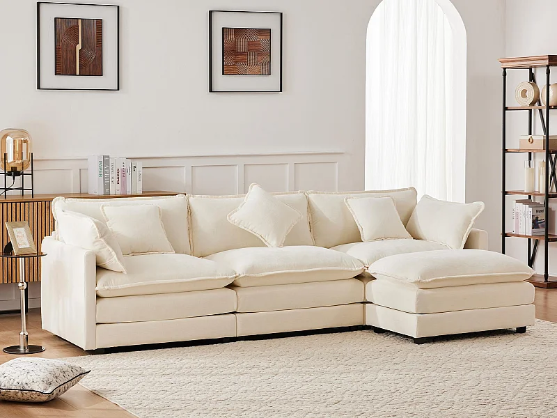 3-Sitzer-Ecksofa aus Chenille - mit modularer Fußstütze - Beige